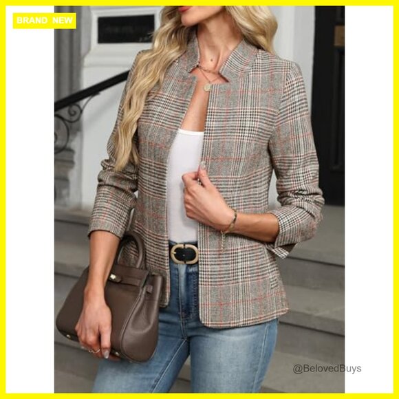 Plaid Blazer Open Front Stand Collar Boyfriend Jacket Work Casual - Picture 4 of 7